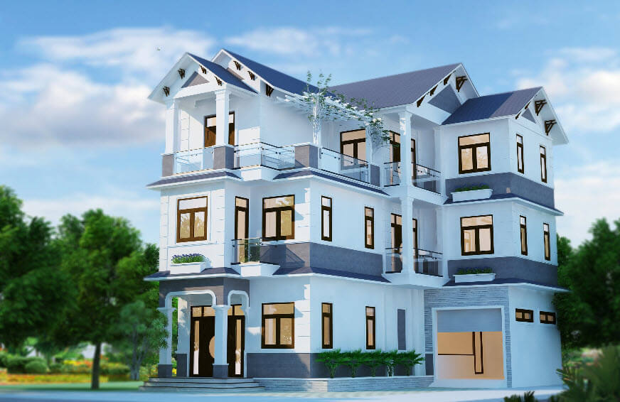 Sơn ngoại thất phối màu xanh dương với trắng